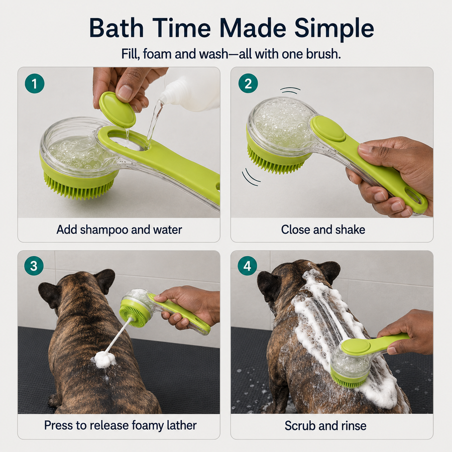 Bath time made simple in four steps: add shampoo and water, close and shake, press to release foamy lather, scrub and rinse
