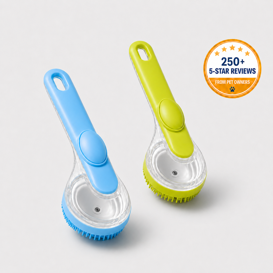 PawSuds shampoo-dispensing bath brush in blue and green, with a 250+ 5-star reviews badge