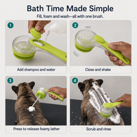 Bath time made simple in four steps: add shampoo and water, close and shake, press to release foamy lather, scrub and rinse