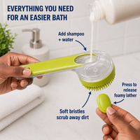 Labelled view of the brush: add shampoo and water, soft bristles scrub away dirt, press the cap to release foamy lather