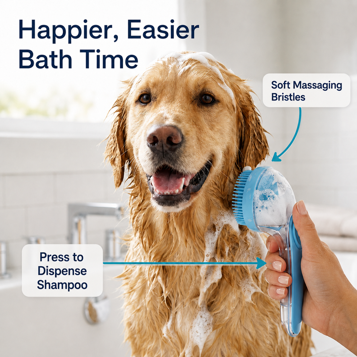 Golden retriever being washed with the blue PawSuds brush, labelled soft massaging bristles and press to dispense shampoo