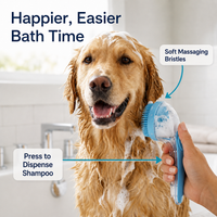 Golden retriever being washed with the blue PawSuds brush, labelled soft massaging bristles and press to dispense shampoo