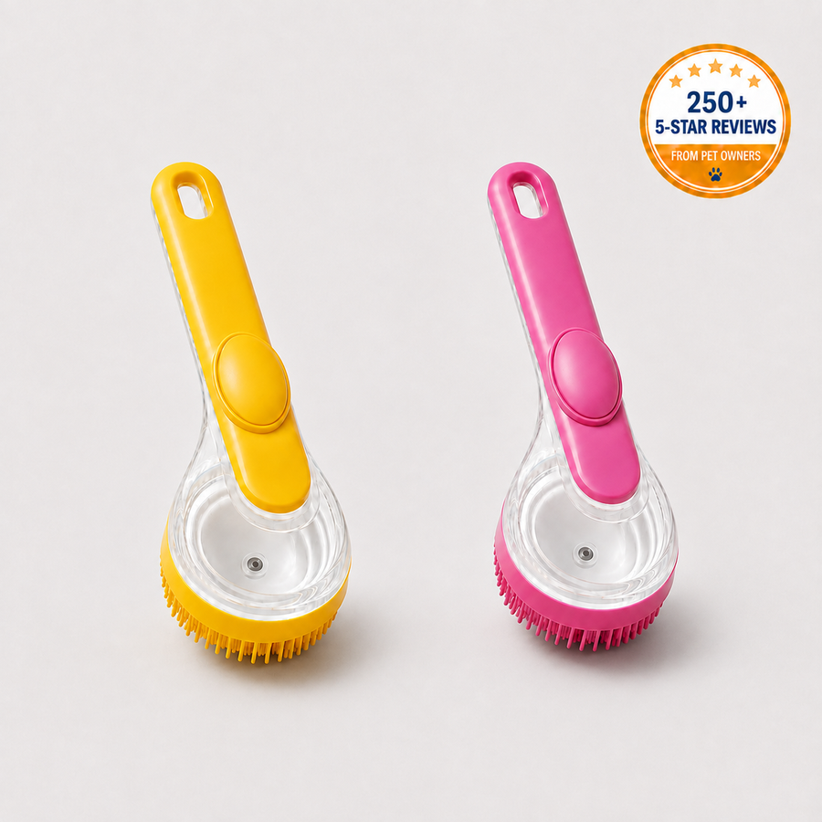 PawSuds shampoo-dispensing bath brush in yellow and pink, with a 250+ 5-star reviews badge