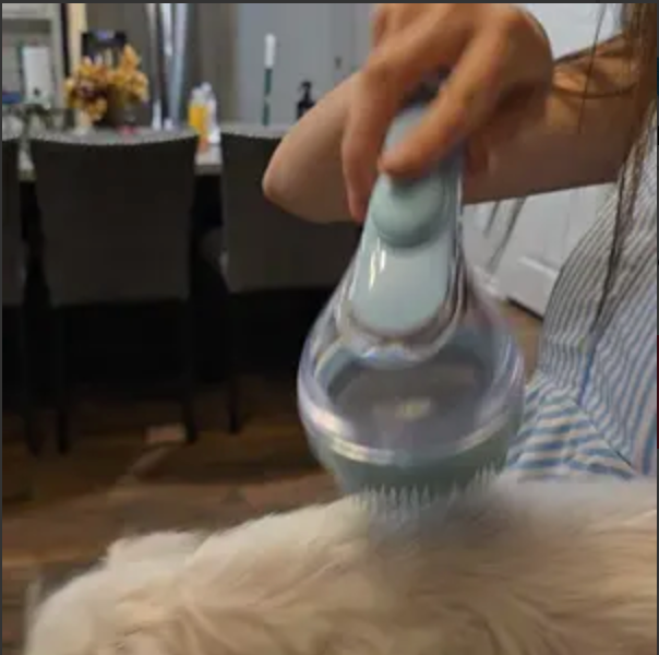 Brushing a dog's face and ears with the PawSuds brush